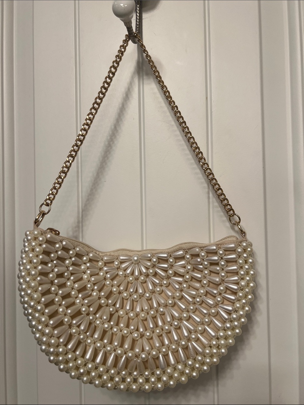 a new day Pearl-Embellished Cream Half Moon Shoulder Bag